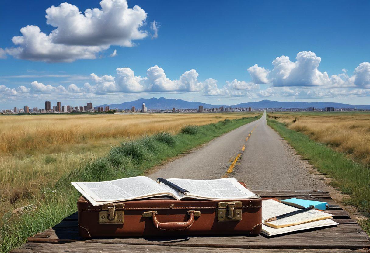 A serene landscape depicting an open road leading to a distant horizon, with a vintage suitcase and a notebook filled with sketches and ideas resting on the roadside. Wispy clouds in a bright blue sky symbolize aspirations, while subtle hints of a bustling city skyline in the far-off background represent the journey of blogging. Vibrant colors. super-realistic.