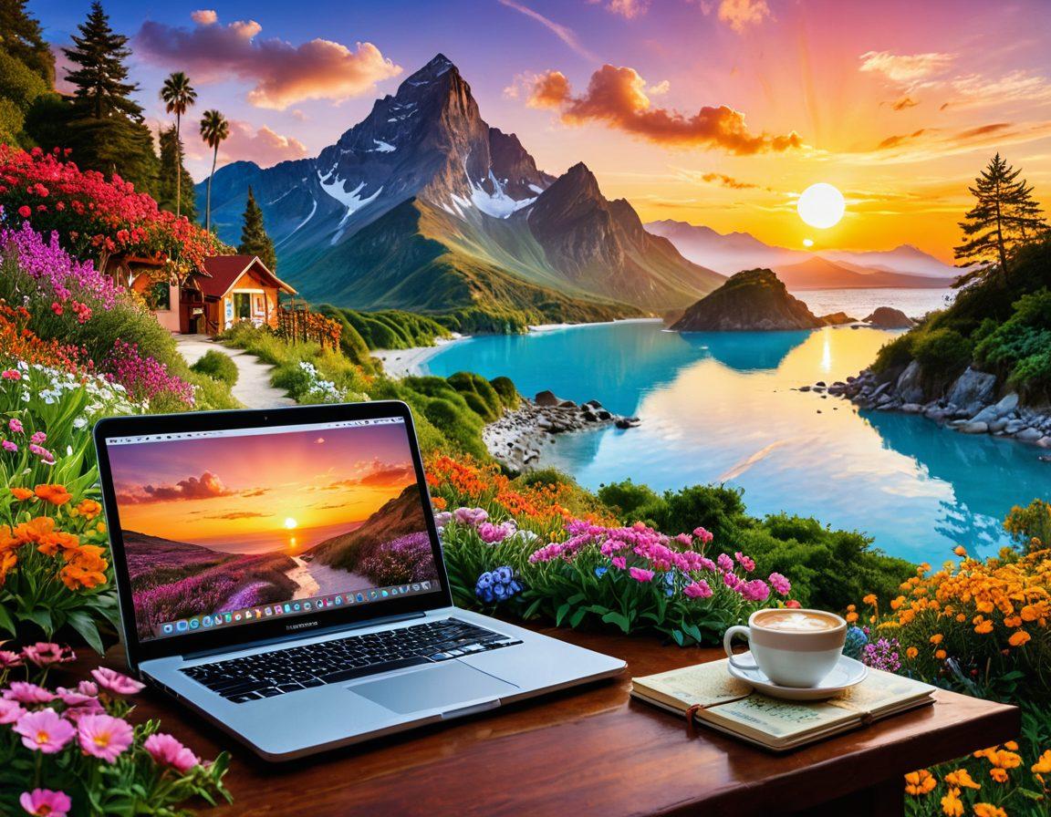 A whimsical landscape depicting a traveler navigating through a vibrant, dreamlike blogging journey, with colorful pathways symbolizing different blogging topics. Include elements like a laptop open amidst nature, a compass with blogging icons (like a pen, camera, and globe), and a sun setting in the background. Create an atmosphere of adventure and exploration, inviting the viewer to join the journey. painting. vibrant colors. surreal style.